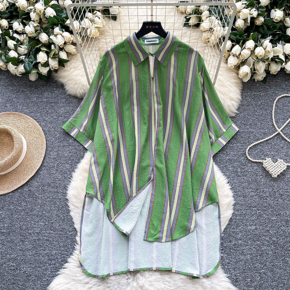 Relaxed fit shirt for women -  summer collection: effortless style, unique design, loose fit, slimming, casual, irregular striped pattern with hotfix rhinestone detailing