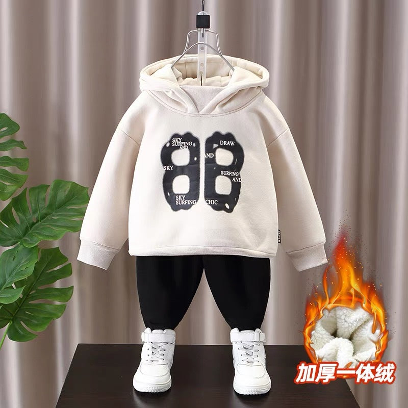 Boys' hoodie set - new  collection: stylish and trendy, fleece-lined cartoon hoodie two-piece outfit for autumn/winter