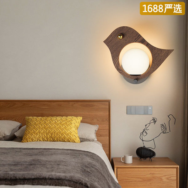 [Strict selection] Wall lamp medieval walnut color bird decorative lamp children's room warm wall lamp creative and beautiful