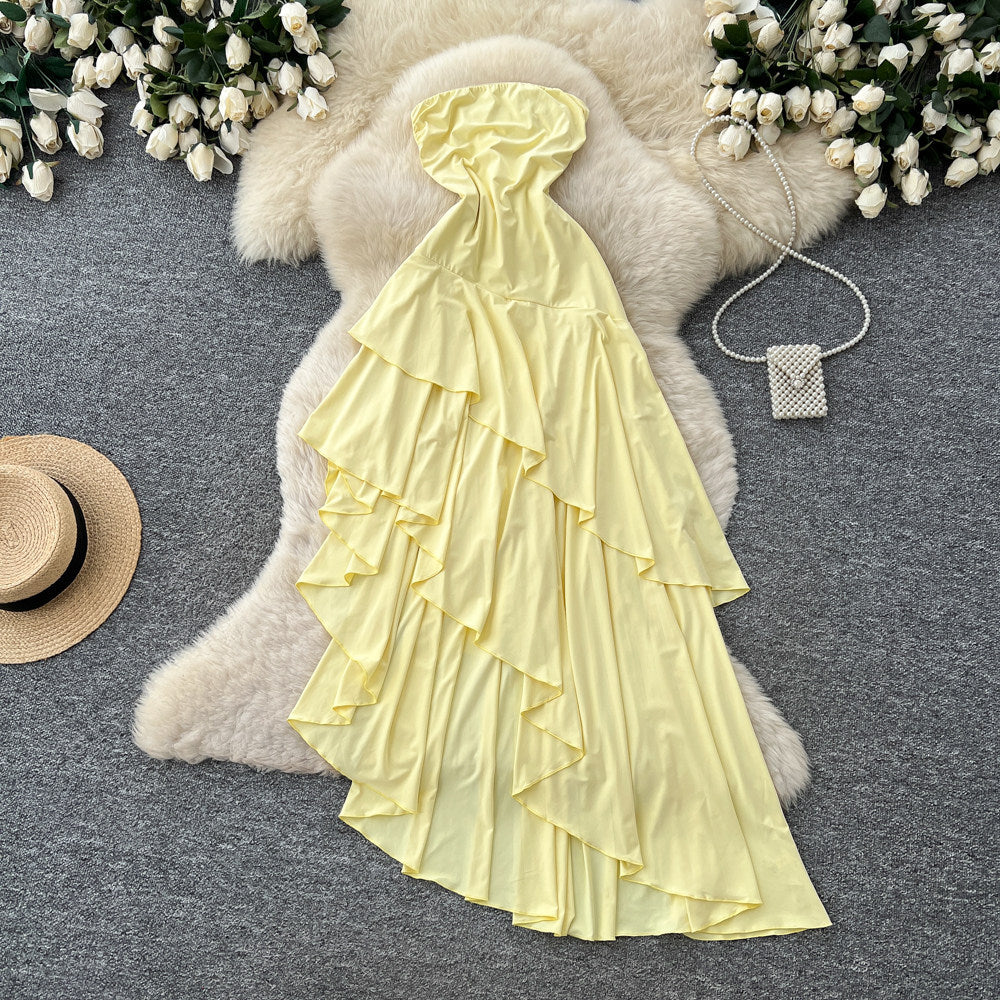 French riviera style bandeau asymmetrical dress - women's summer yellow ruffle hem maxi dress - slimming and chic