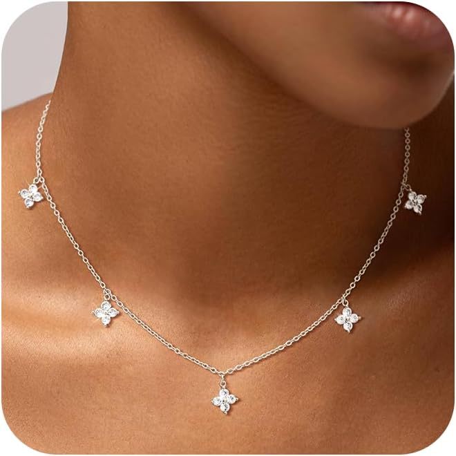 European and american new copper micro-paved zirconia flower pendant necklace, white cubic zirconia four-leaf clover women's choker