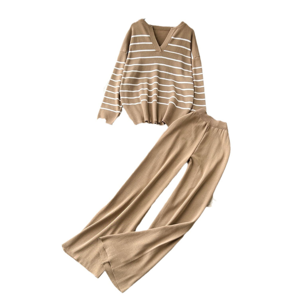 Korean style chic casual two-piece set for women - autumn/winter loose v-neck striped knit top + elastic waist flowy trousers
