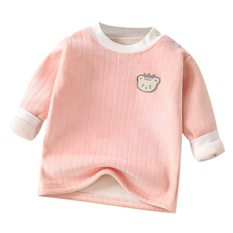 Kidsheattechtops boys and girlsfall and winter bottom shirt baby thickened pajamas children's fleece-linedlong sleeves autumn clothes