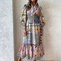 cross-border e-commerce women's fashion: european and american summer new arrivals - printed lantern sleeve, cinched waist, maxi swing dress 661