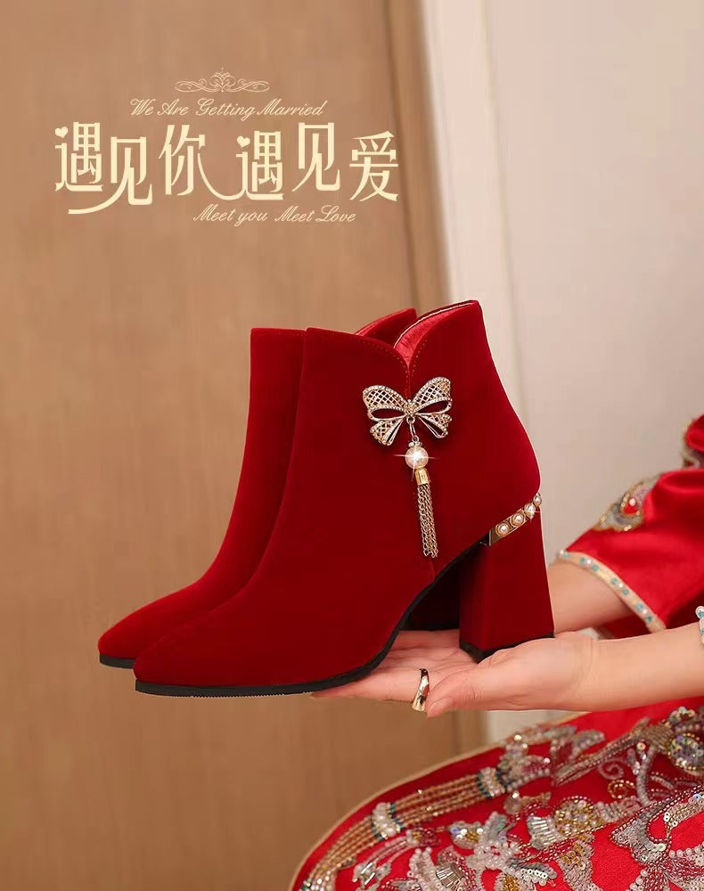 Wedding shoes bridal shoes winter fleece-lined thick heel 2023new arrivalwinter red high heels women's wedding boots not tired feet
