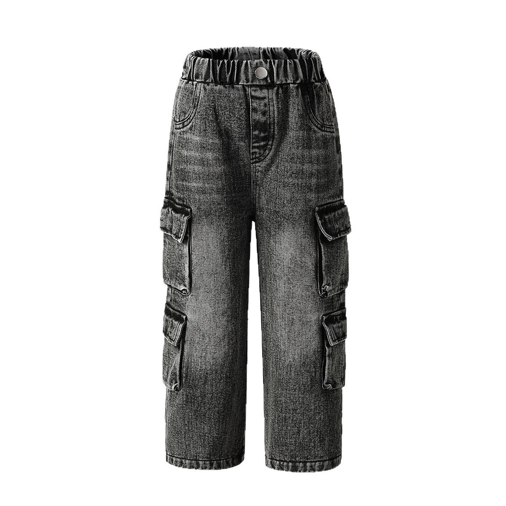 Export kids pants distressed jeans k-style multi-flap pocket pantsloose cool girlstraight-legretroloose pants