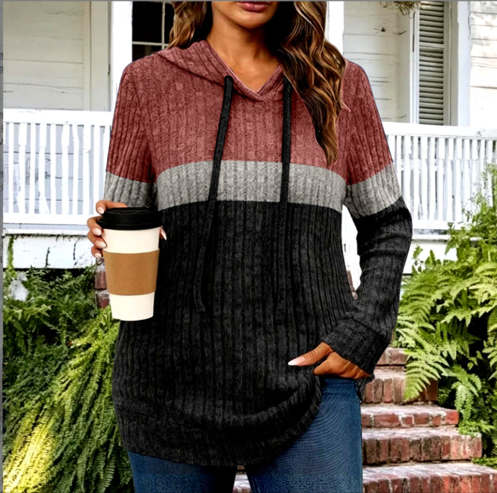 cross-border women's fashion color block warm knit pullover long sleeve hoodie top