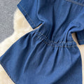 Retro hot girl style denim suit women's summer drawstring polo collar shirt tops elastic waist wide leg silm pants