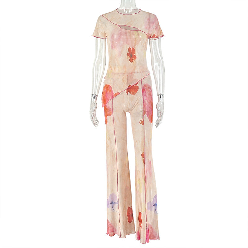 European and american style export fresh women's skinny pants set, unique short-sleeve slim-fit streetwear asymmetrical long two-piece trendy outfit