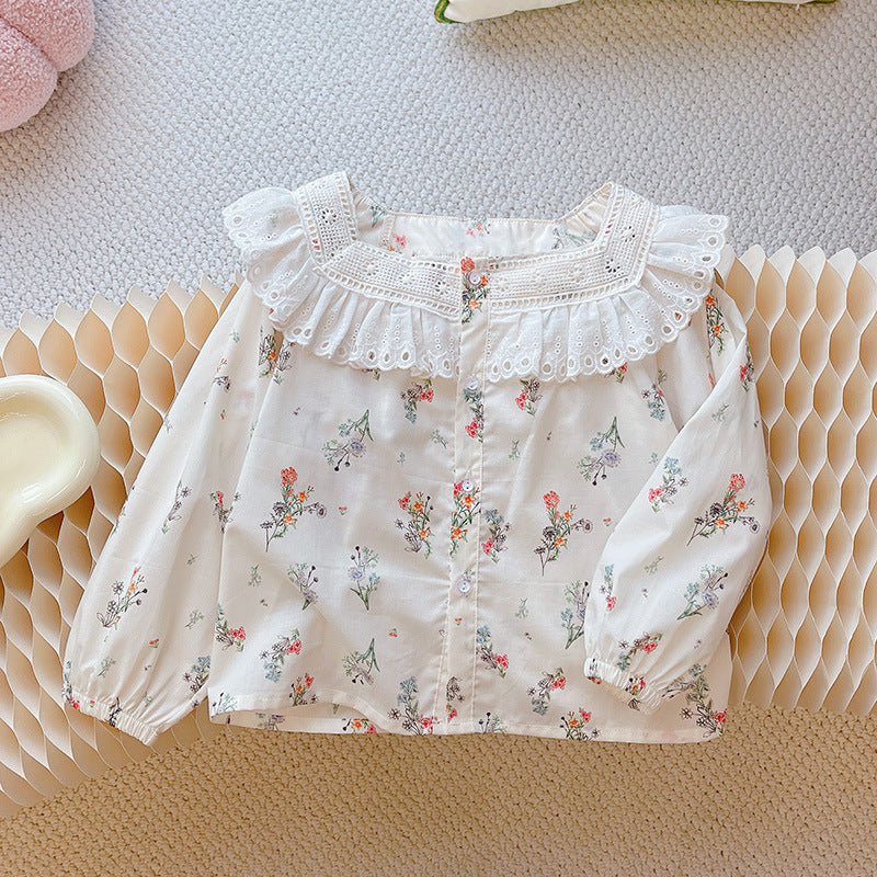 Girls' 100% cotton lace floral babydoll top - new autumn  korean style kids' long-sleeve shirt - trendy blouse