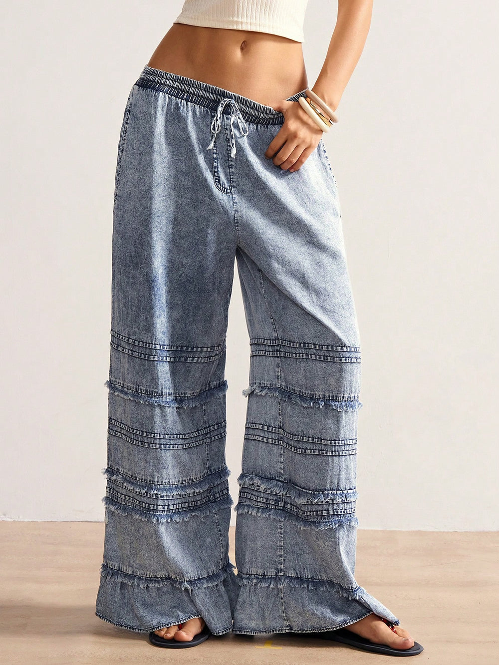 Fashionjeans women's elastic drawstring waist hair patchwork lotus leaf loose pants washed thin casual denim pants