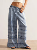 Fashionjeans women's elastic drawstring waist hair patchwork lotus leaf loose pants washed thin casual denim pants