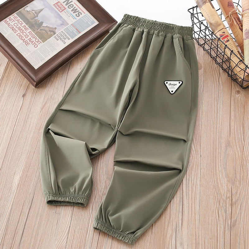 Boys' summer lightweight ice silk pants - quick-dry, mid-to-large size, casual sports trousers with elastic cuffs - mosquito-proof