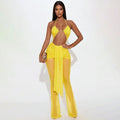 summer new arrivals: trendy and chic open-bust, figure-flattering, tie-up back, suspender strap, mesh, flare leg jumpsuit