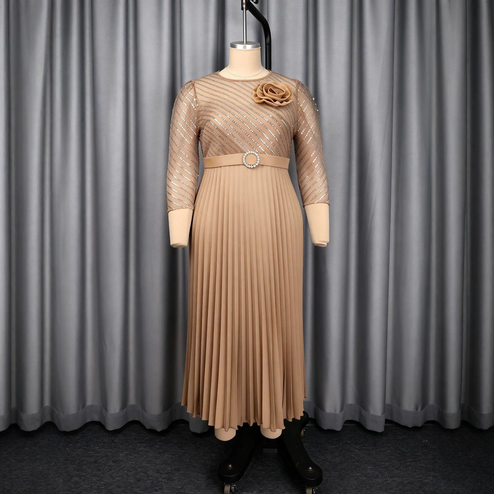 Autumnew arrivalstereo flower mesh dress hot diamond belt waist long sleeves evening dress pleated skirtdress