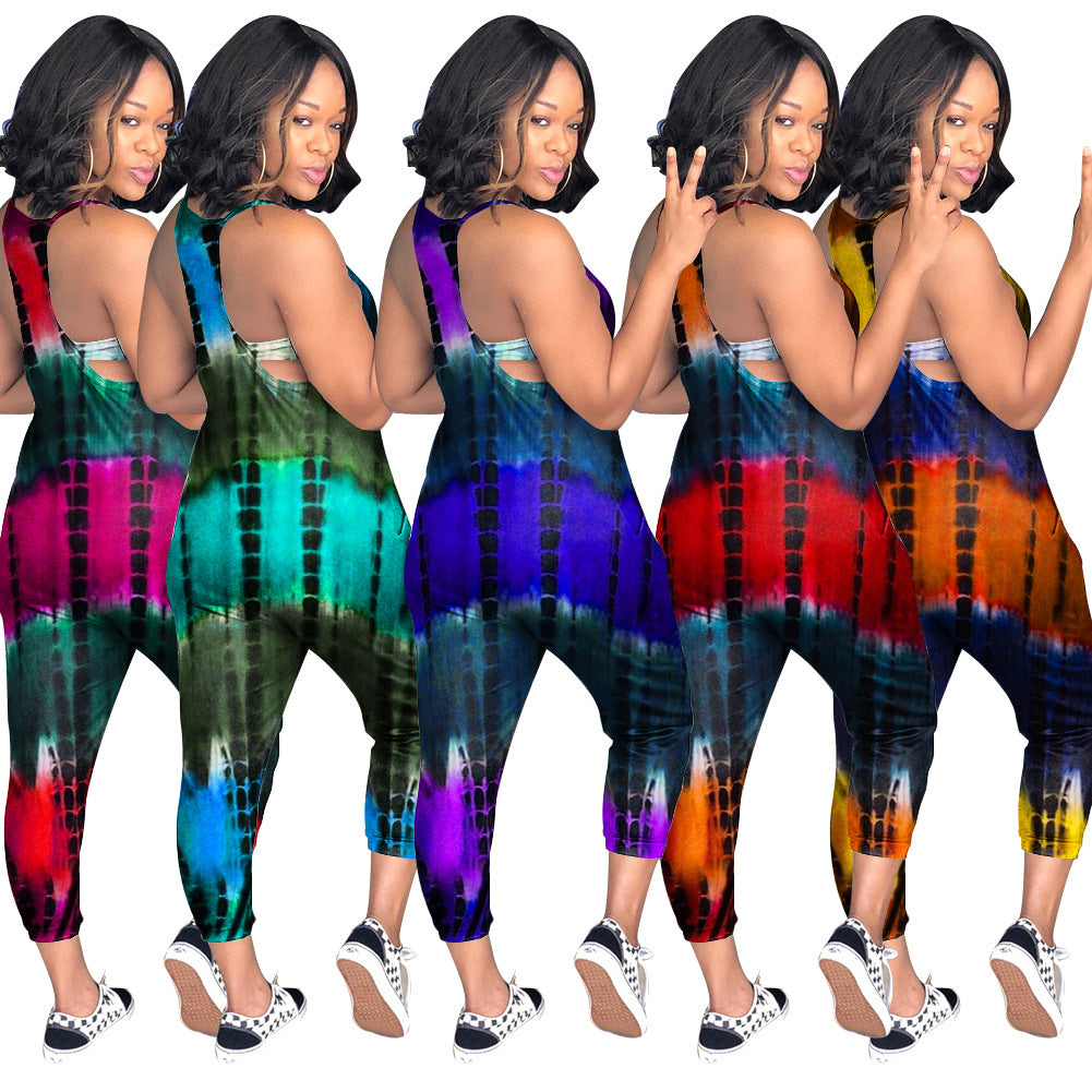 S390140 European and American summer wholesale casual off-the-shoulder hollow printing suspender jumpsuit fashion pencil pants women