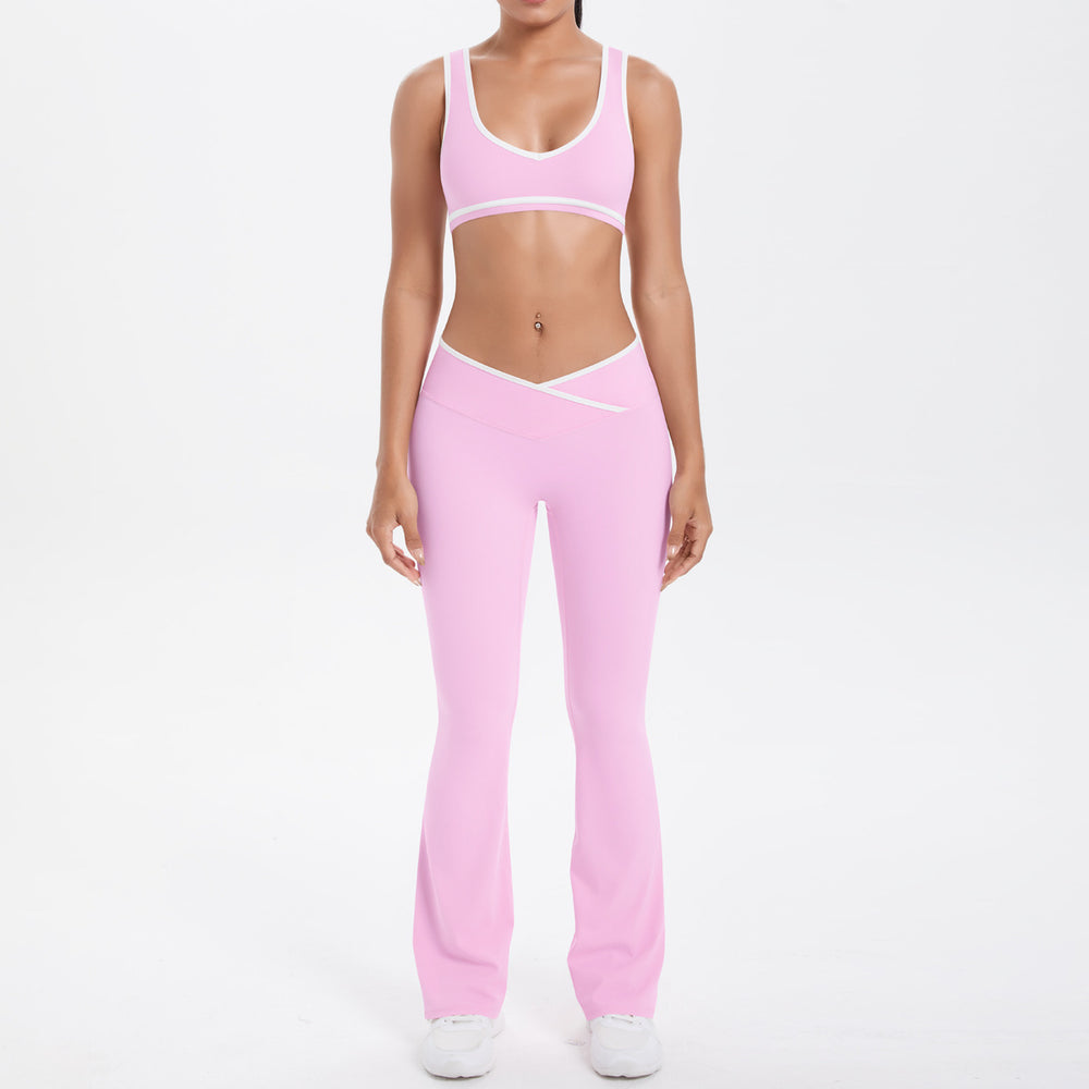 Cross high waist sports suit women's contrast color nude tight yoga clothes quick-drying breathable outdoor running fitness suit