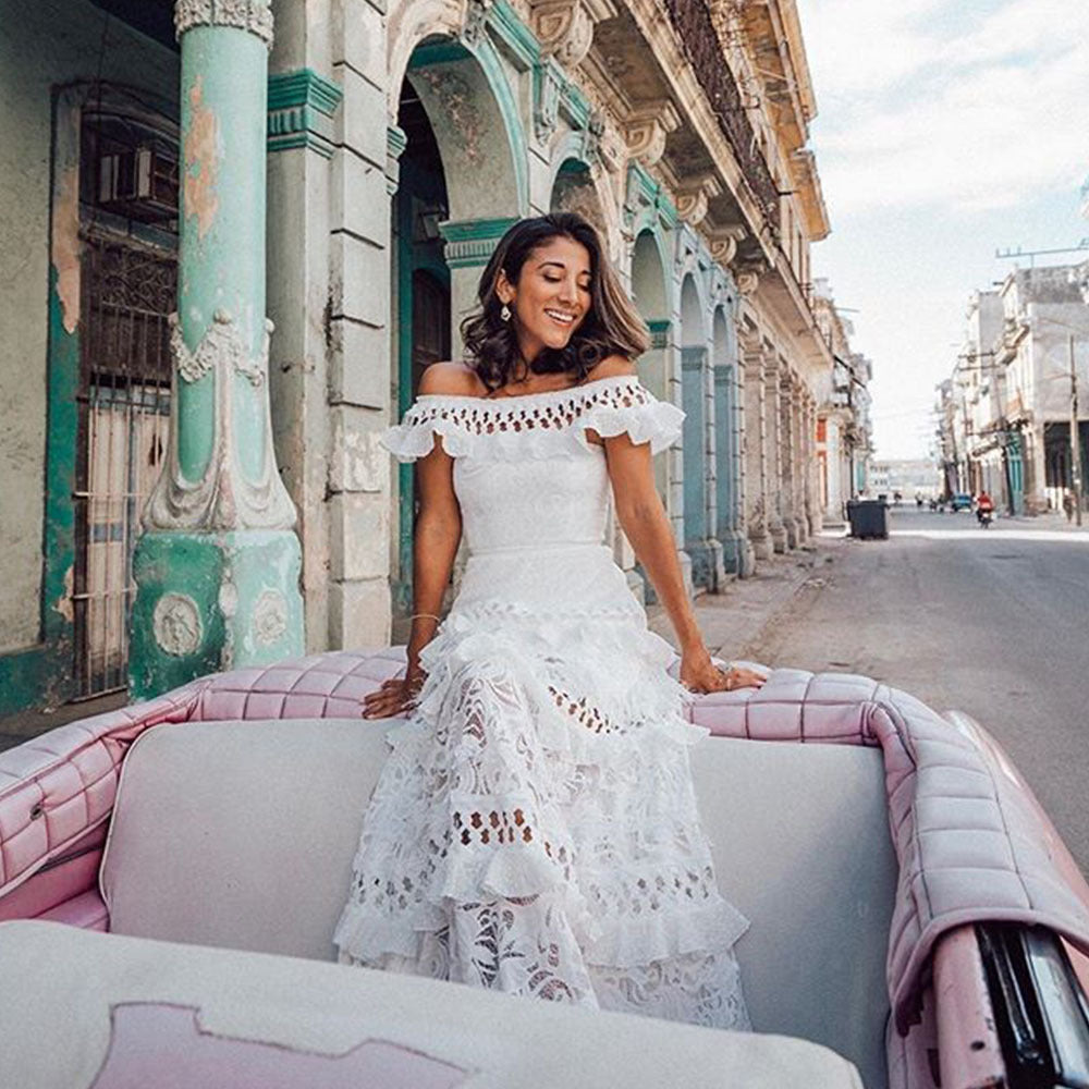 spring/summer new european and american style women's foreign trade  one-shoulder ruffle trim hollow-out lace maxi dress