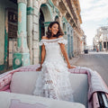 spring/summer new european and american style women's foreign trade  one-shoulder ruffle trim hollow-out lace maxi dress