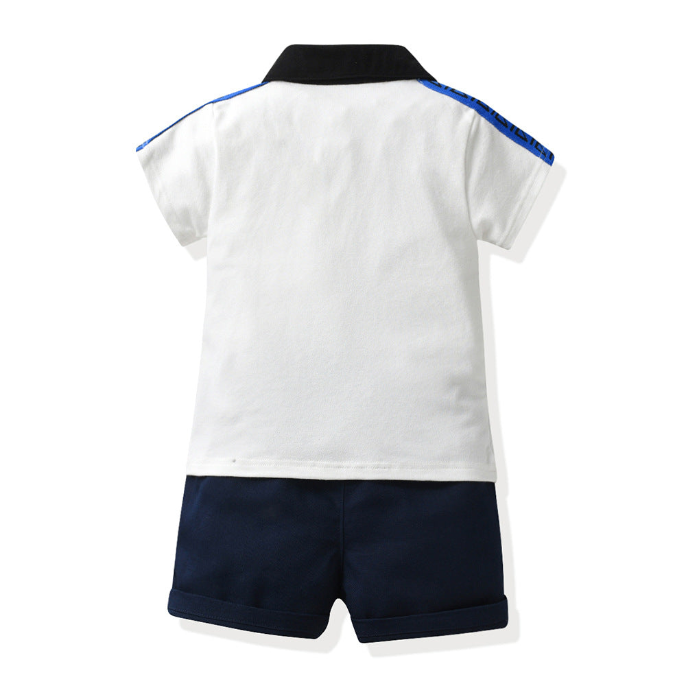 European and american new boys' summer two-piece set: boys' summer outfit, cotton patchwork polo shirt, t-shirt for mid-to-large children