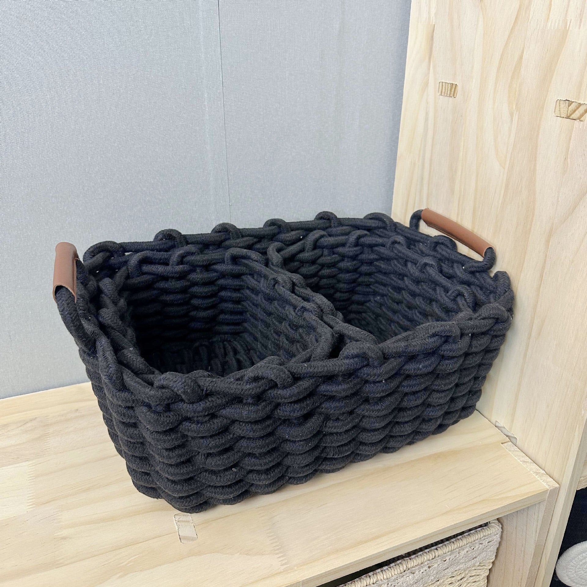 Leather handle twin sundries with handle cotton rope woven storage basket size cosmetics lipstick storage box eyeshadow