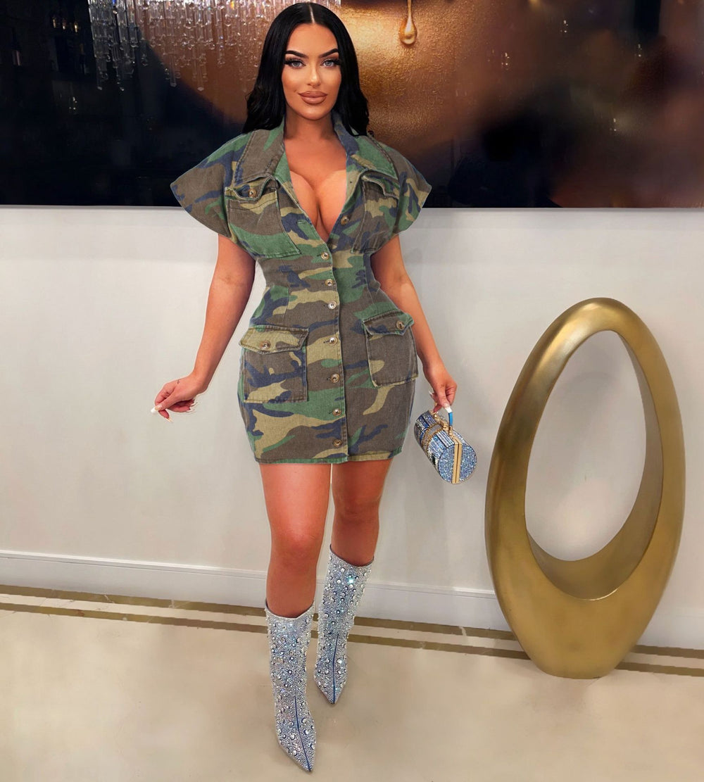 Amazon cross-border wholesale:  european & american style sexy camo bodycon dress with oversized collar