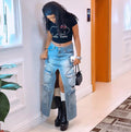 European and american style slit skirt  cross-border women's clothing fashionstylish multi-pocket hole high waist denim skirt