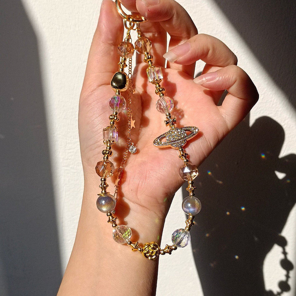 Classy mobile phone chain beaded crystal saturn sparkling new chinoiserie bag camera hanging chain short mobile phone case lanyard