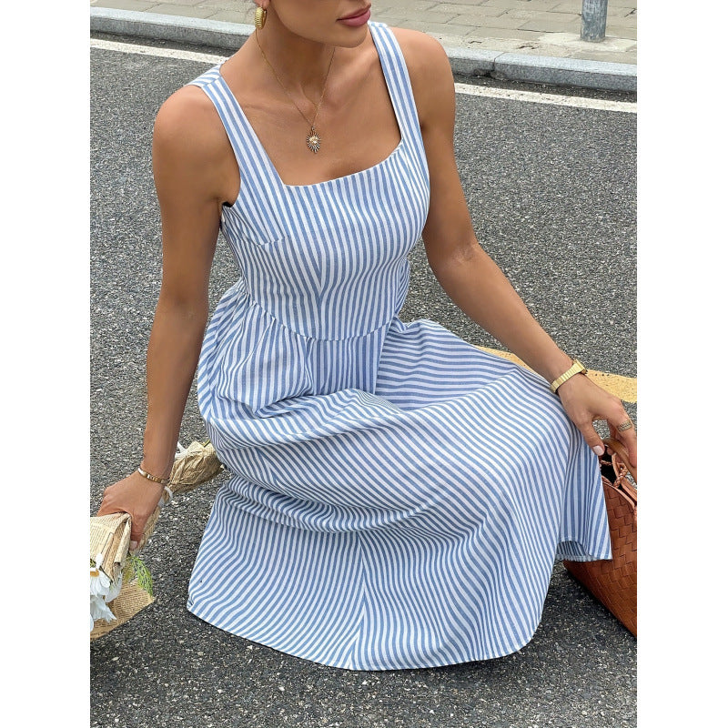 Aliexpress cross-border original design: women's square neck striped elegant dress for everyday wear