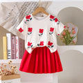 girls' short-sleeve outfit: summer floral print crewneck top and red pleated skirt two-piece set for kids