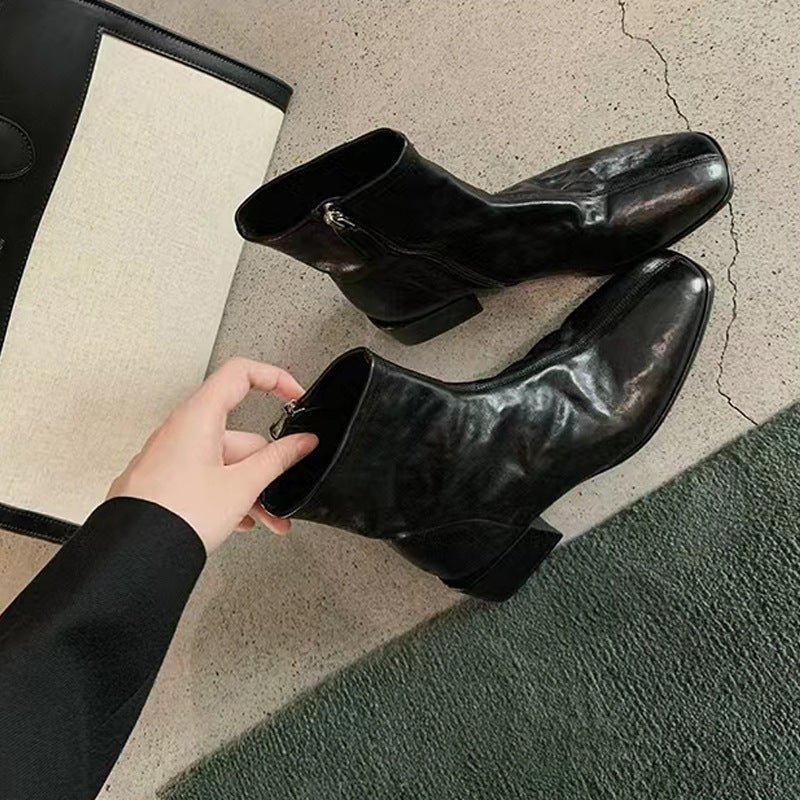 Influencer-approved korean-style square-toe, washed horsehide, slim-fit ankle boots for women. new autumn collection featuring chunky heels and a trendy bare-leg design