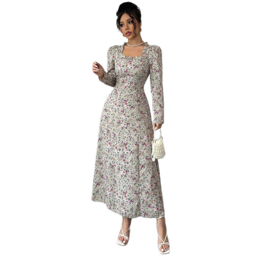 Plus size long french retro floral dress - spring/autumn  - slimming, figure-flattering, fishtail maxi dress with cinched waist