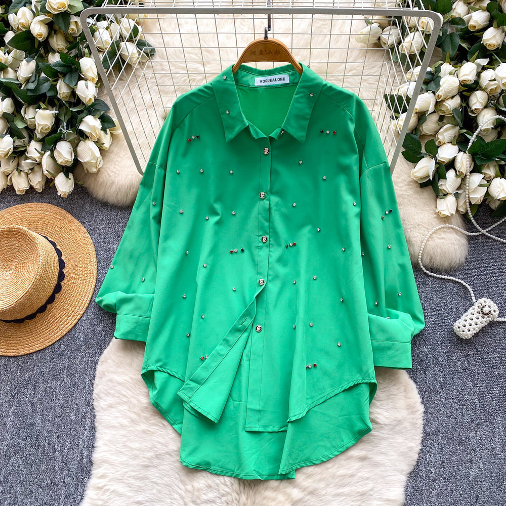 K-stylework clothing style lapel casual beaded shirt women's easiest for matchlong sleeveslooseslimming lookeasiest for matchsense of designtops