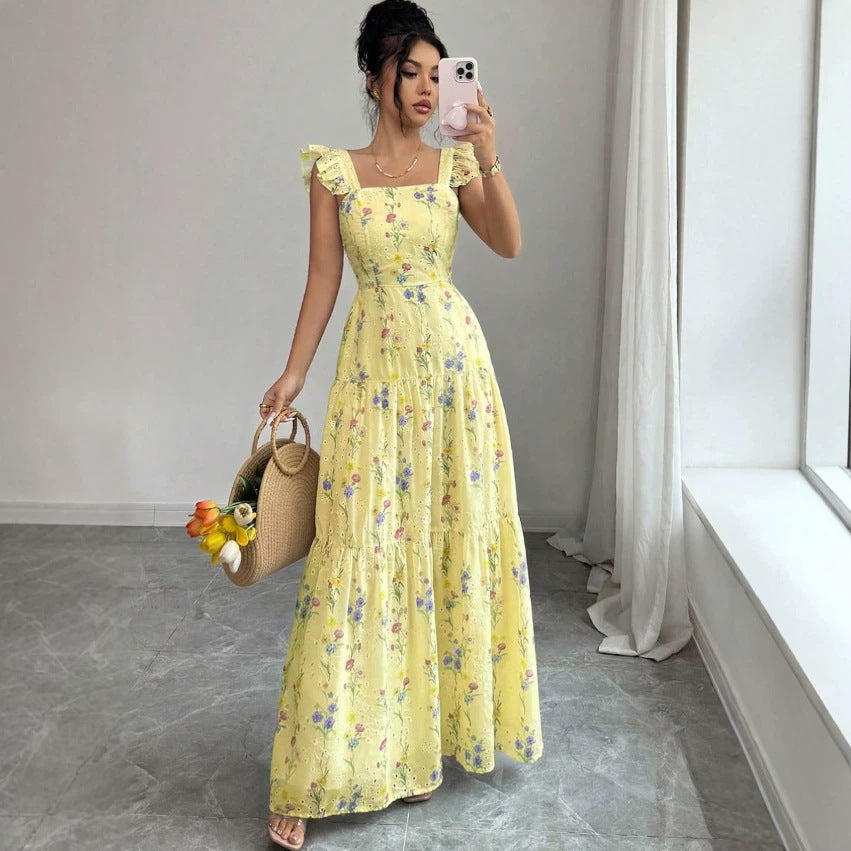 european and american cross-border summer new sweet floral print french style halter neck bodycon dress