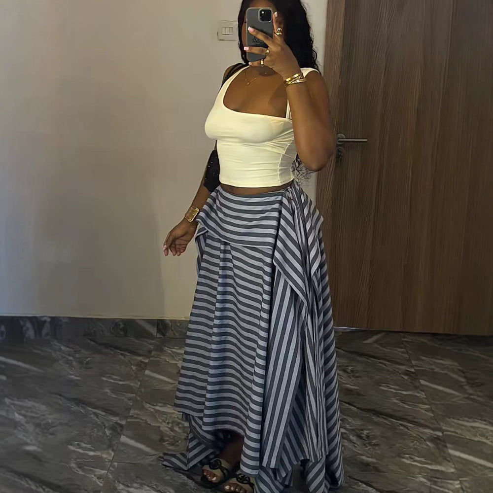European and american cross-border women's clothing:  summer new arrival - high-waisted, slimming, asymmetrical, loose, flowy, long striped midi skirt