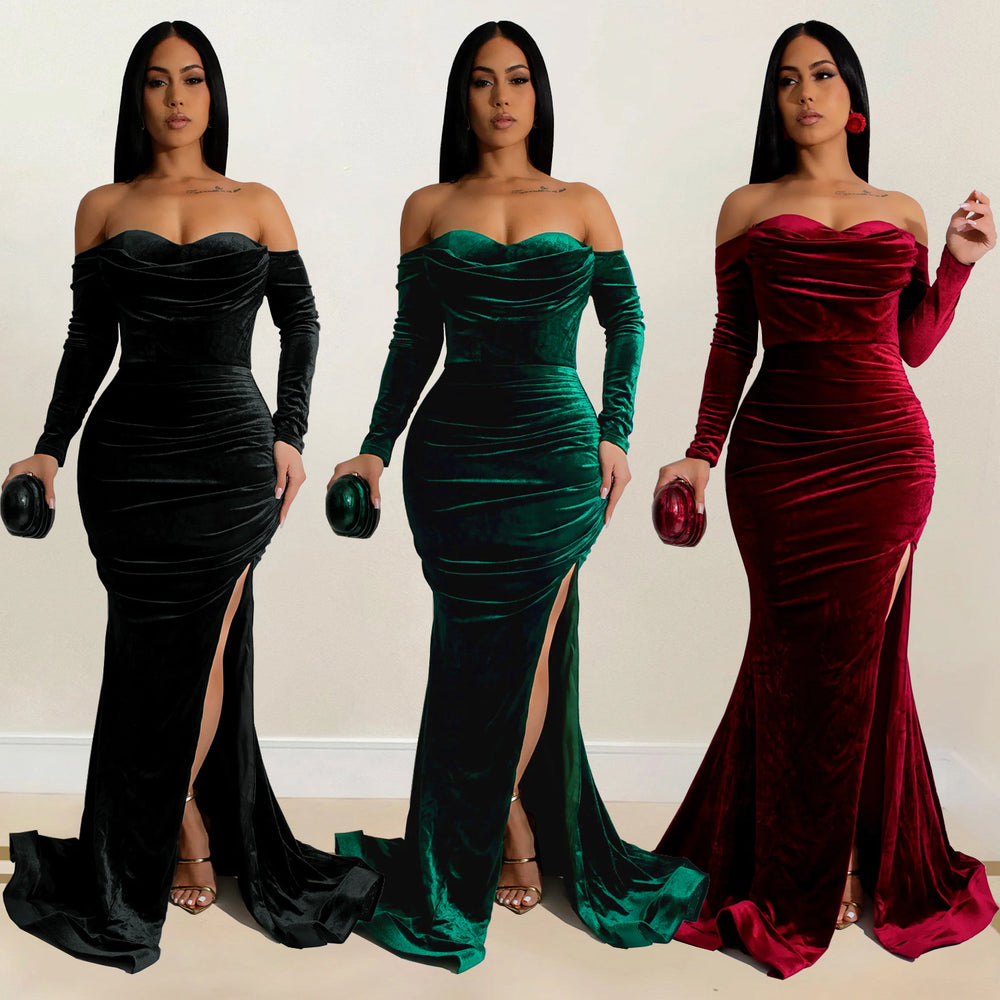 C7157 cross-border   fashion women's solid color slit evening dress low-cut dress new
