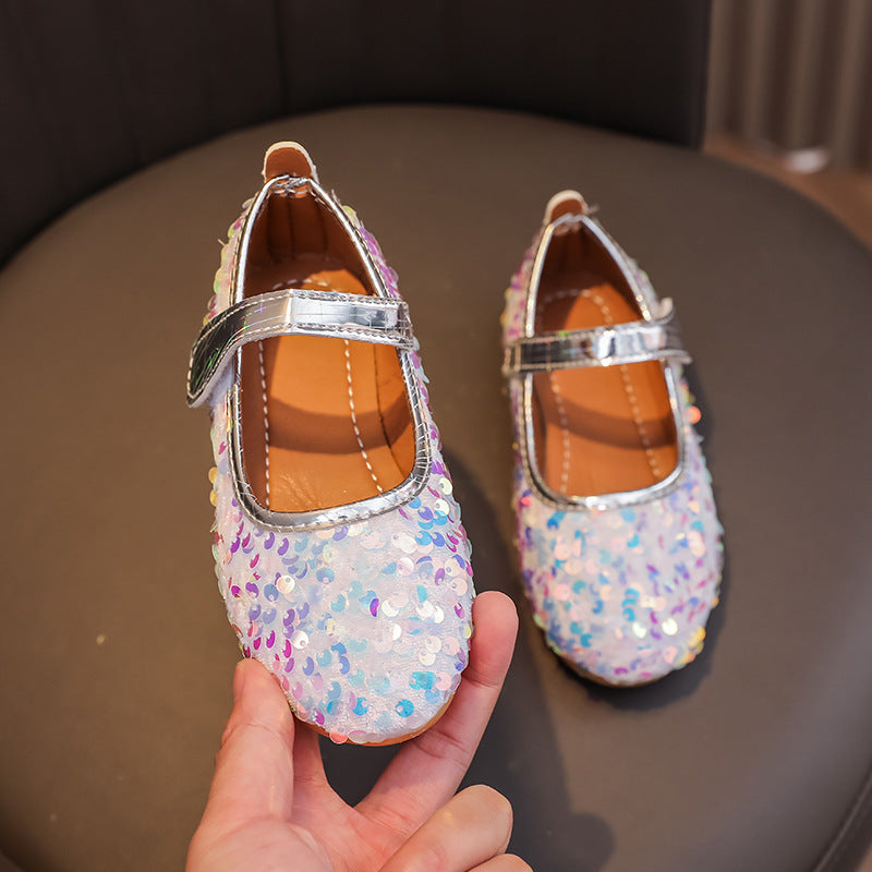 Girls'  spring new collection: sparkling soft-soled princess leather shoes for mid-to-large children - wholesale direct from the manufacturer, featuring hook-and-loop fasteners