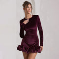 European and american women's clothing  autumn new fashion elegant velvet round neck three-dimensional pleated hem long sleeve dress