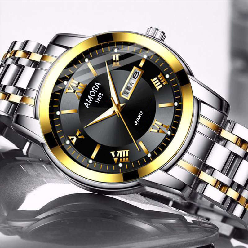 Business gold classic roman style watch stainless steel dual calendar non-mechanical waterproof quartz men's wristwatch - custom logo available