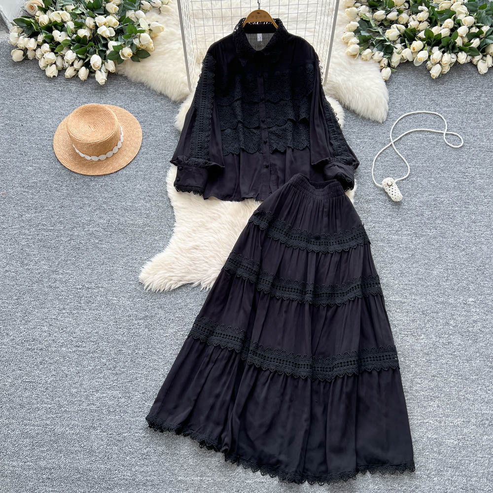 French court style hollow-out crochet mature woman's summer outfit: long-sleeved blouse & elastic waist long skirt set
