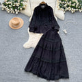 French court style hollow-out crochet mature woman's summer outfit: long-sleeved blouse & elastic waist long skirt set