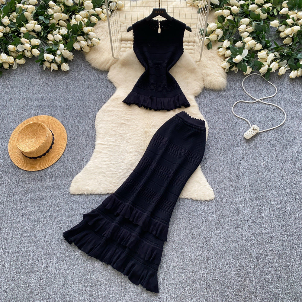 French chic knit tank top & pleated midi skirt set - women's summer slimming & elegant two-piece outfit - high-end style