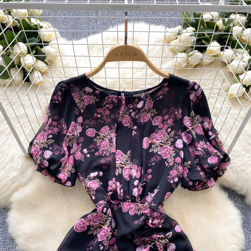 Frenchromantic atmosphere floral dress women's summer puff sleeves asymmetrical design niche styleaccessible luxury fishtail long skirt