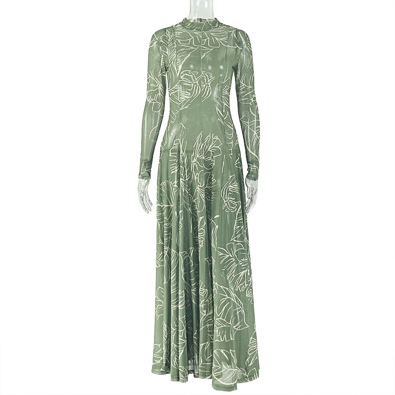 European and american style ins cross-border women's clothing retro waist printing light a-line skirt slightly see-through stand-up collar long sleeves comfortable dress