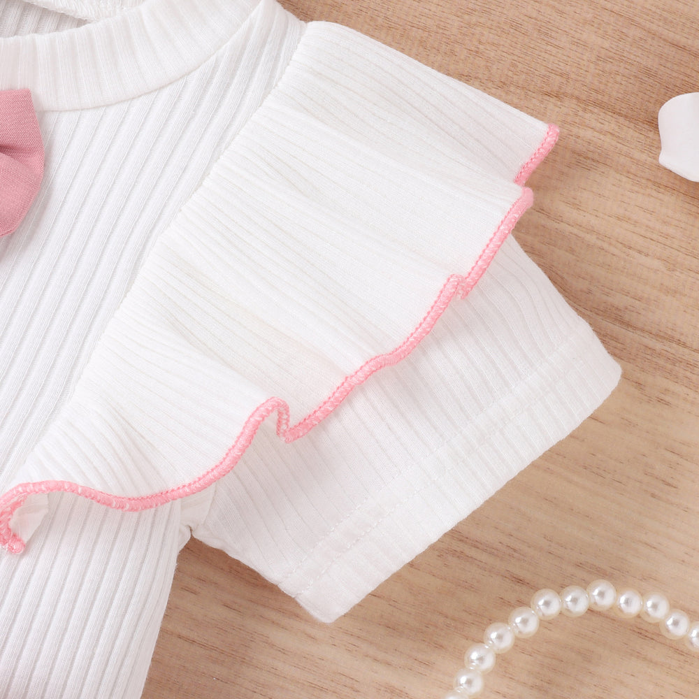 Kids' korean style summer outfit: bowknot short-sleeve ruffle top and belted pants set for girls (pullover style)