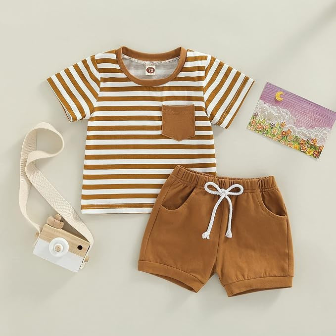 Amazon ins  hot selling baby boy fashion striped short sleeve tops with pocket shorts two-piece set