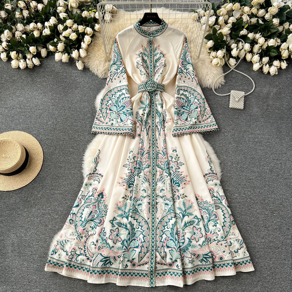 Spring new arrivalretroprinting round neck bell sleeve dress women's single breasted large swing asymmetrical pleated long skirt