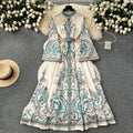 Spring new arrivalretroprinting round neck bell sleeve dress women's single breasted large swing asymmetrical pleated long skirt