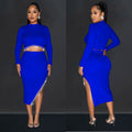 C6829 cross-border   fashion women's solid color long sleeve cropped two-piece dress set