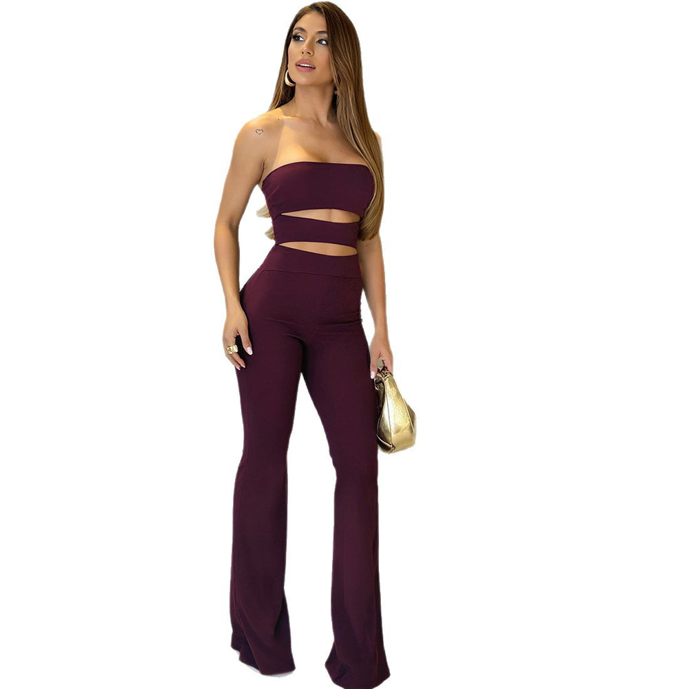 autumn european and american style new solid color high neck long sleeve top slim fit hollow out slightly flared jumpsuit set for women